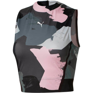 Womens Puma Chase All Over Crop Top Shirt In Grey Pink - Simons Sportswear