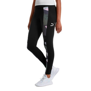 Womens Puma Classic T7 All Over Print Tights Leggings In Black Pink Green - Simons Sportswear